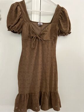 Heart and Heels Brown Eyelet Puff-Sleeve Midi Dress with Tie Front